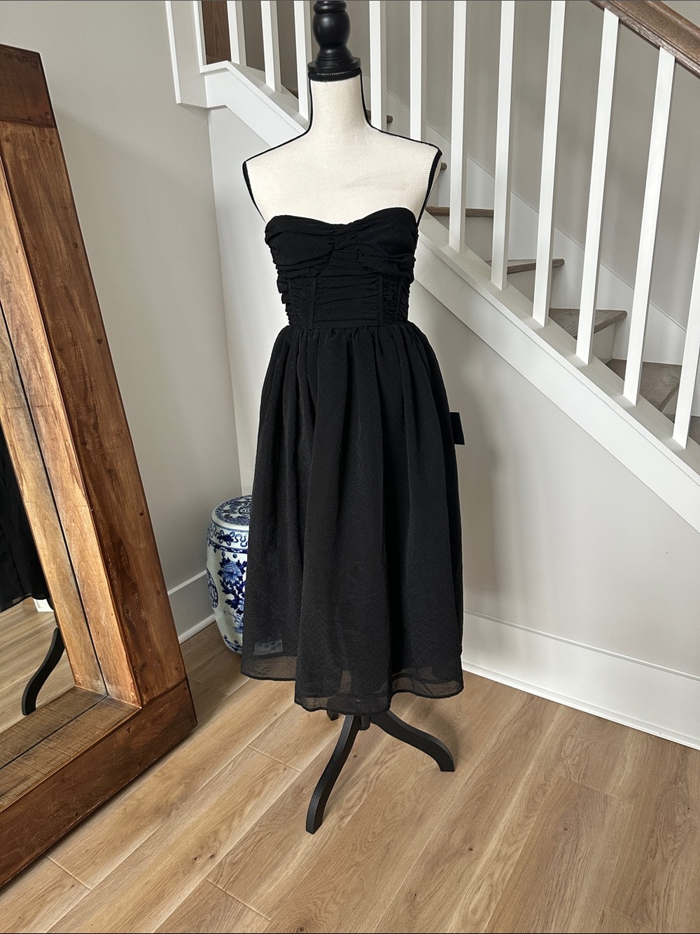 Lulu's Black Strapless Midi Dress with Ruched Bodice